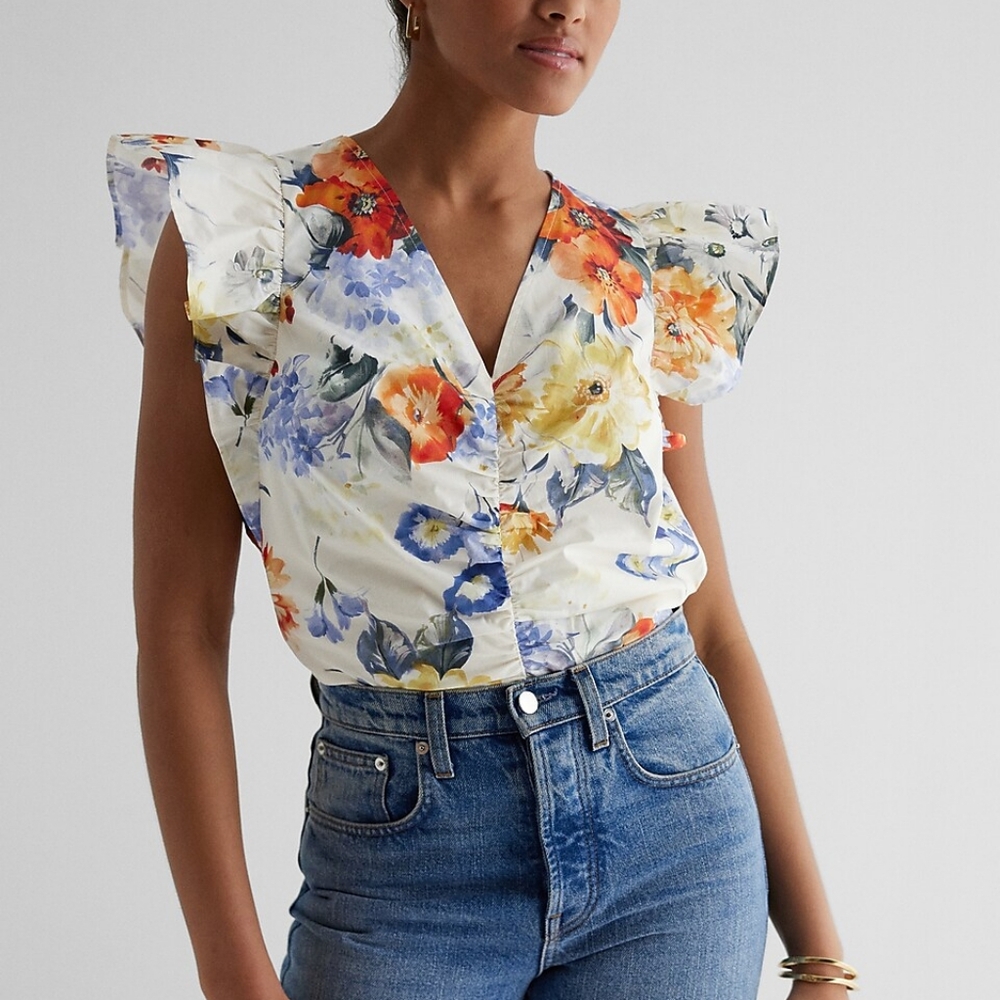 Express Multicolored Floral V-Neck Flutter Sleeve Ruched Top Sz M